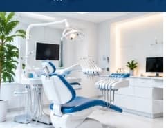 Modern dental clinic operatory room with high-tech dental chair and surgical lighting