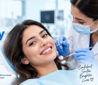Doctor treating female patient smiling comfortably at SmileCare dental clinic